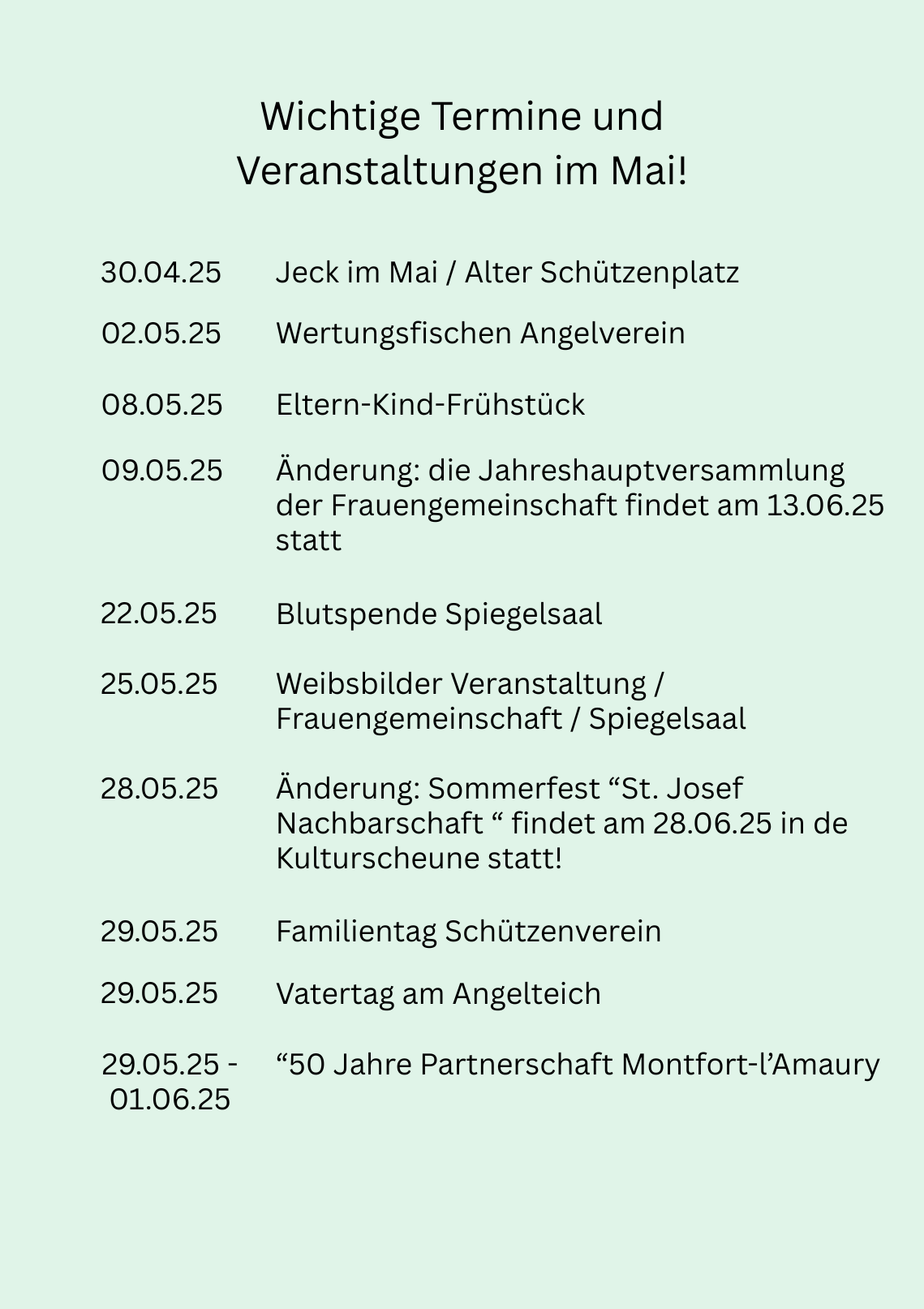 Wichtige Termine und Veranstaltungen im Mai