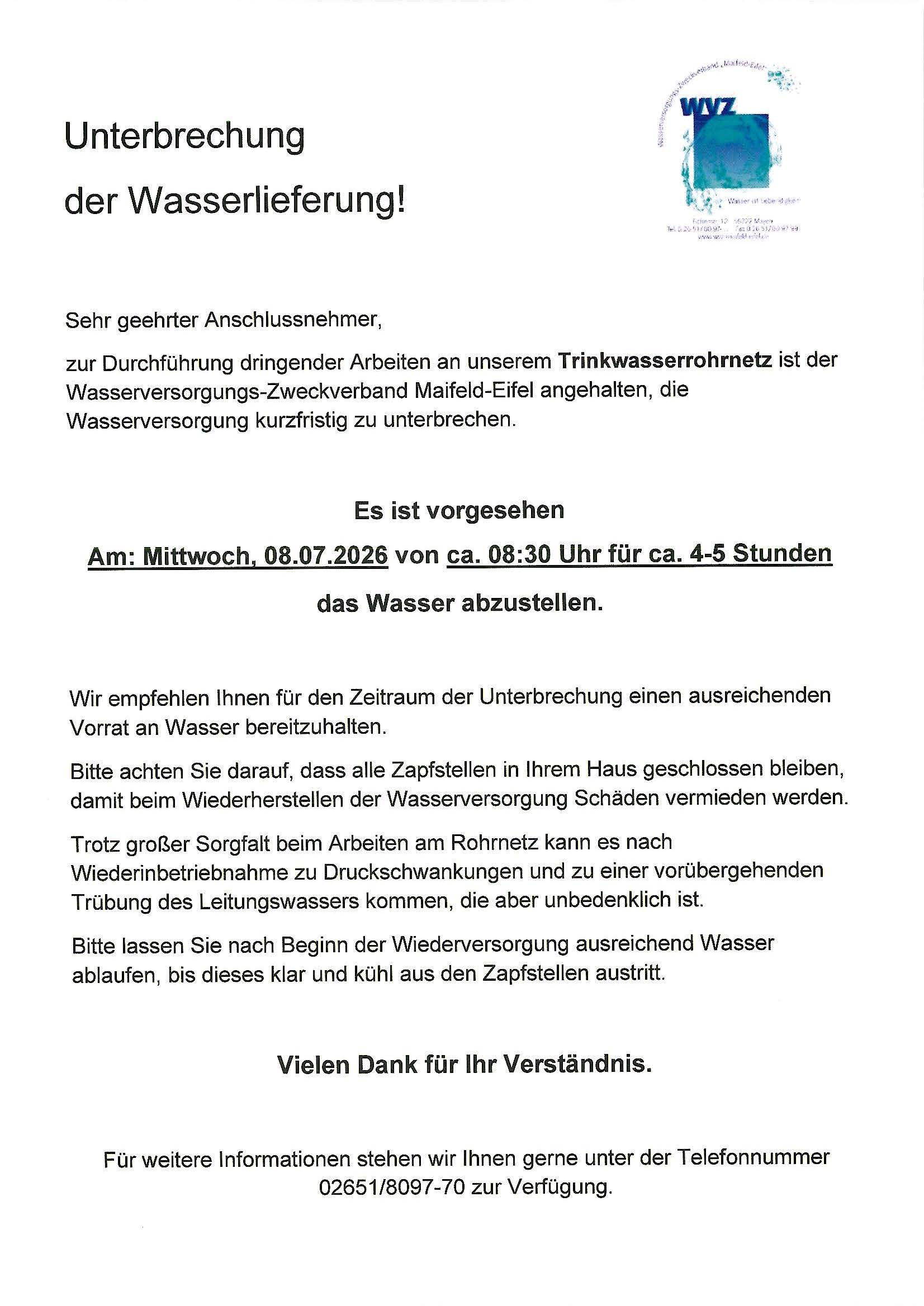 Unterbrechung der Wasserlieferung